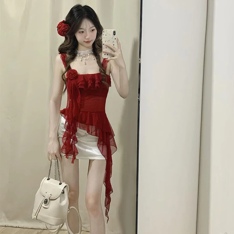 Fashion suspenders Sleeveless Tank Top Sexy Ruffles Backless Irregular  Tops Summer Casual Streetwear Women Camis
