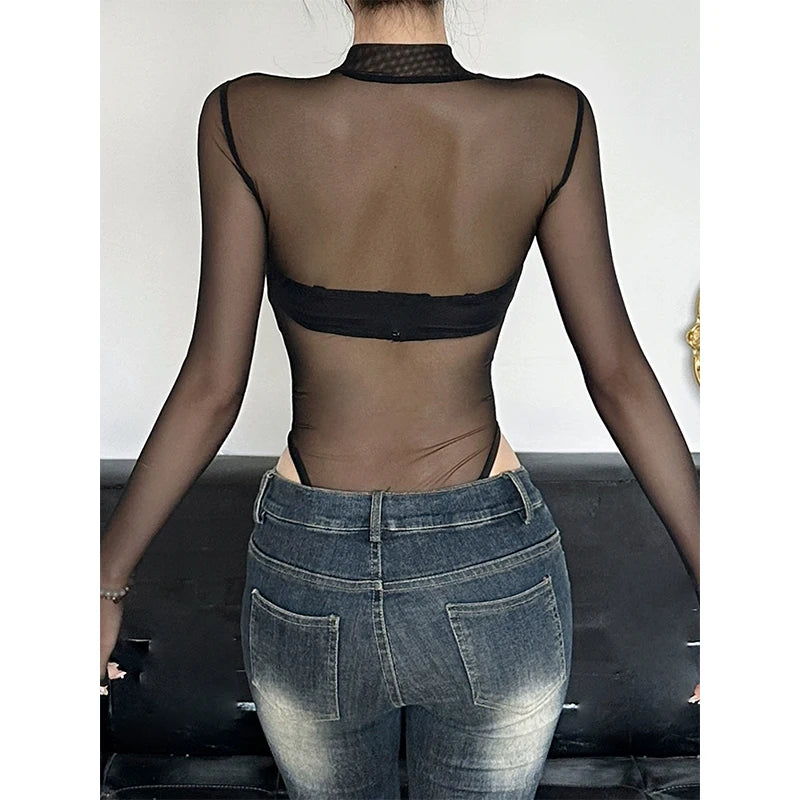 New spicy girl snake print perspective sexy splicing round neck mesh bodysuits for women
