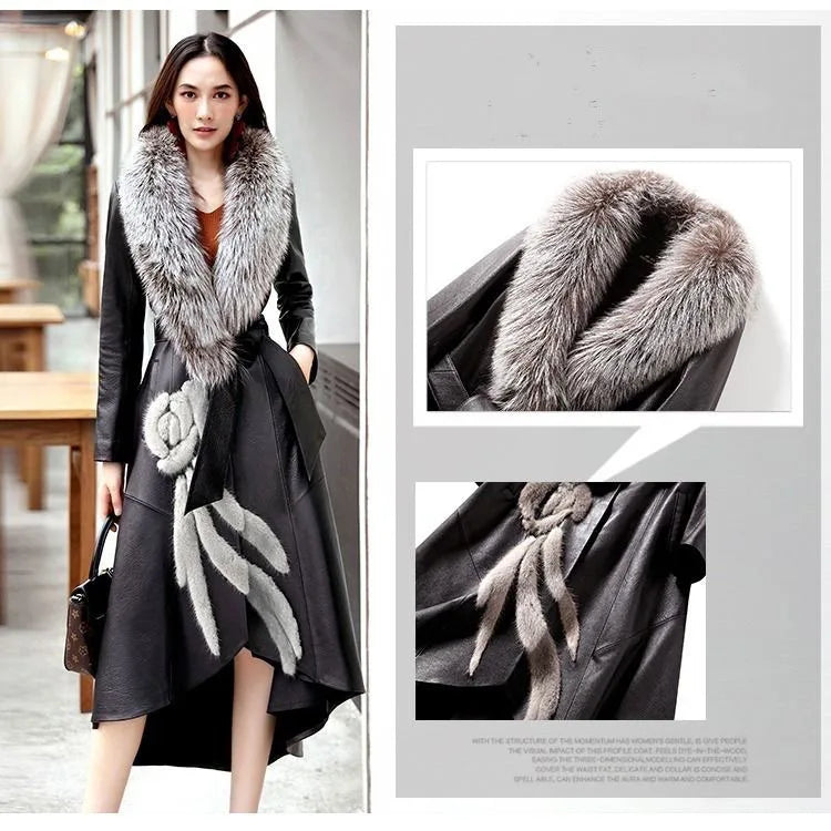 New Women's PU Leather Jacket For Spring Autumn Slim Big Fur Collar Long Leather Coat Female Loose Leather Outerwear