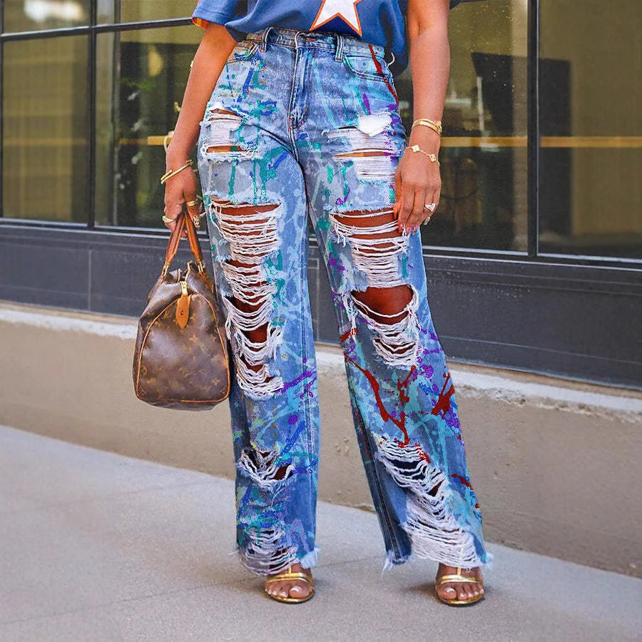 Spring New Floral Graffiti Print  High Waist Loose Straight Jeans Hip Hop Style Long Pants