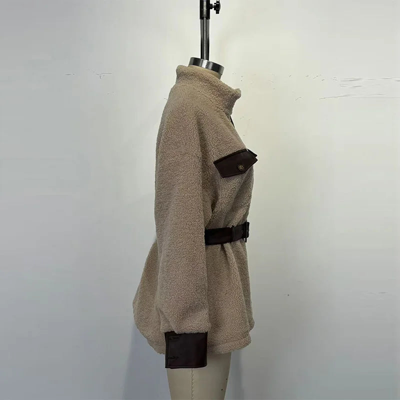 Women's Casual Long Sleeve Pocket PU Leather Coat Elegant Thickened Lamb Solid Jackets Fashion Lapel Button Patchwork Outercoat