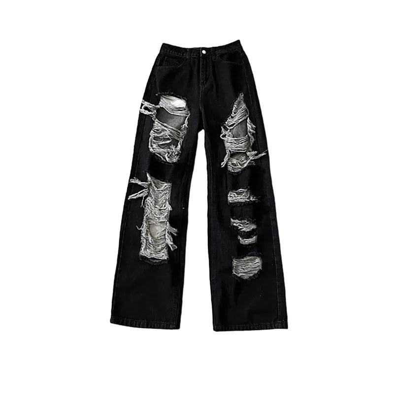 Women Vintage Gothic Black Ripped Jeans High Waist American Retro Streetwear Y2k Pants Harajuku Casual Wide Leg Denim Trousers