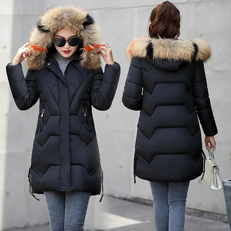 New Winter Jacket Womens Parkas Fur Collar Hooded Coats Casual Long Jacket Female Slim Cotton Padded Warm Outerwear