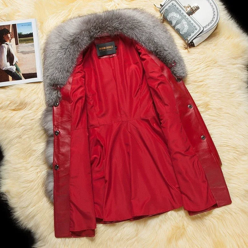 Winter Faux Fur Collar Leather Long Loose Coats Coat Female Jacket Parka Women Femme Rabbit Mink Sheepskin Fashion