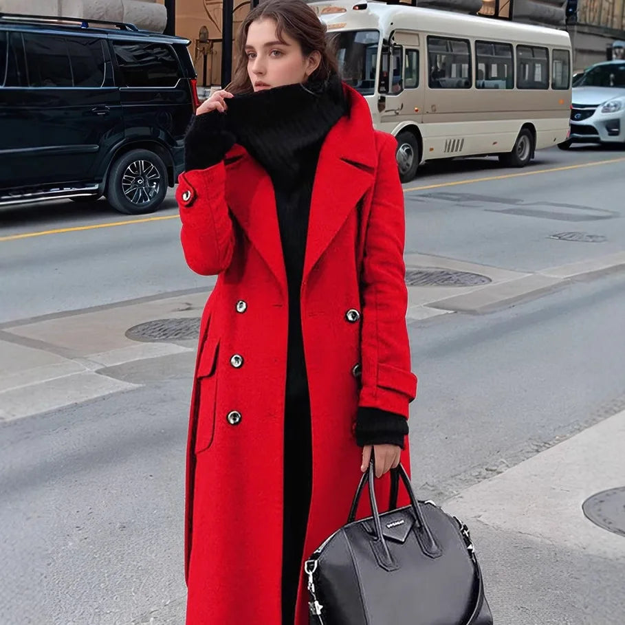 Autumn and Winter Temperament Commuter Suit Collar Double-Breasted Long Woolen Coat Trench Coat for Women