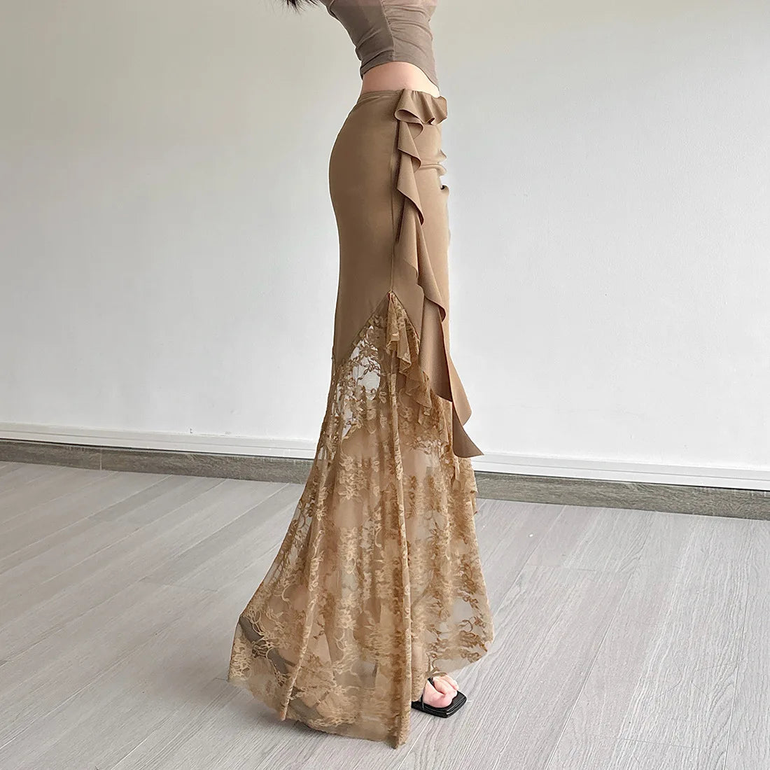 Ruched Ruffle Mesh Maxi Skirt