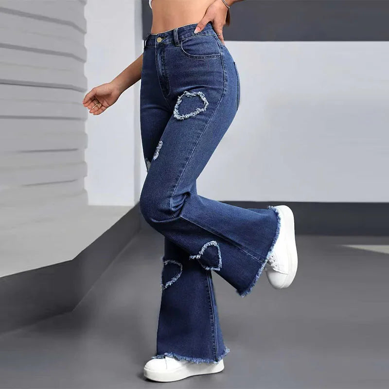 Y2K Blue Stretchy Heart Shaped Flared Jeans High Waist Retro Fashion Trendy Elastic Trousers for Women