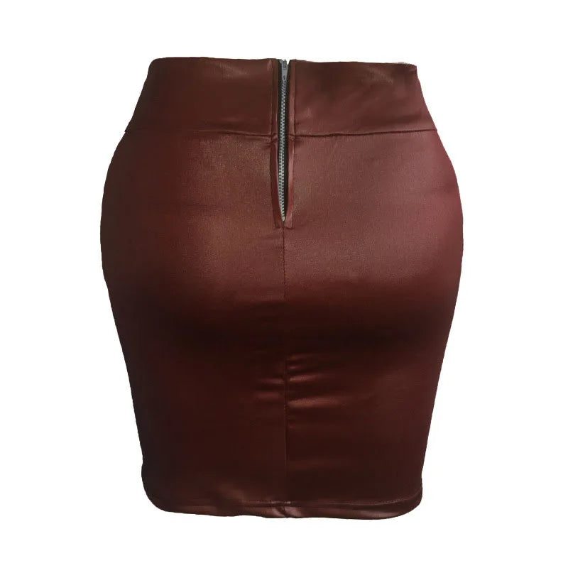 Women Mini Skirt Solid Color High Waist Slim Fit Skinny Matte Faux Leather Cozy Commuter Bodycon Skirt Streetwear