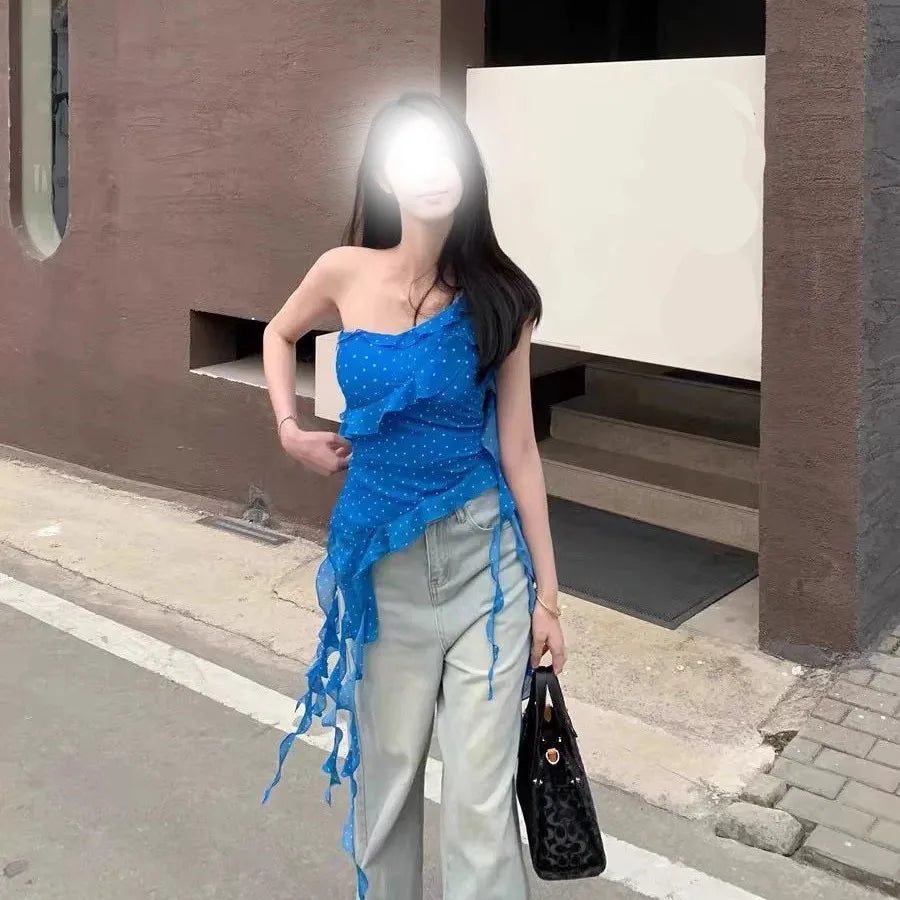 Blue Irregular Shoulder Strapless Top Women's Summer Korean Style Hot Girl Slim Fit Beautiful Top Commute Style Outerwear