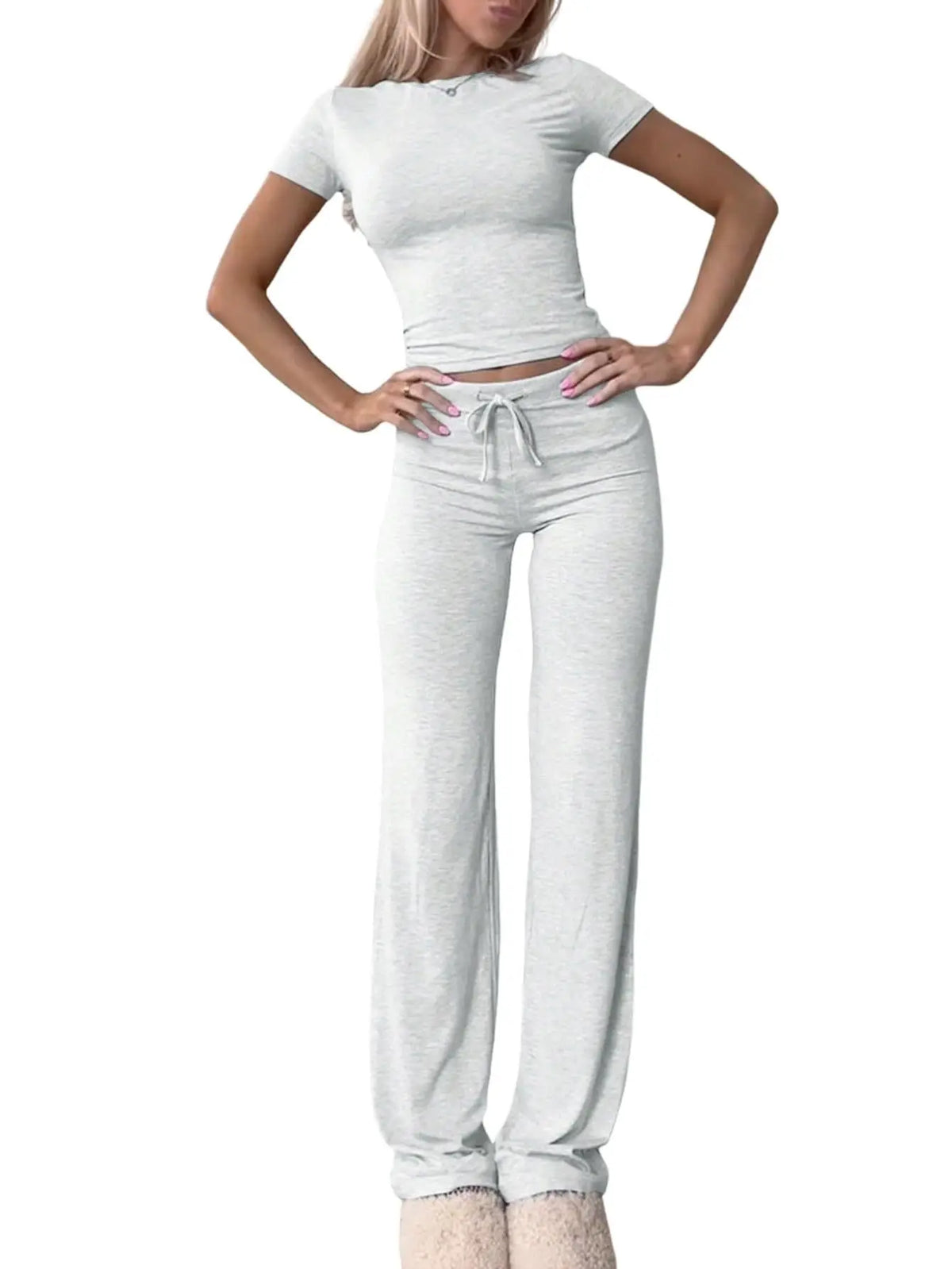 Summer Comfortable Casual Women's Home Sports Set New Fashionable Solid Color Slim Body Clothes + Trousers Two-piece Set