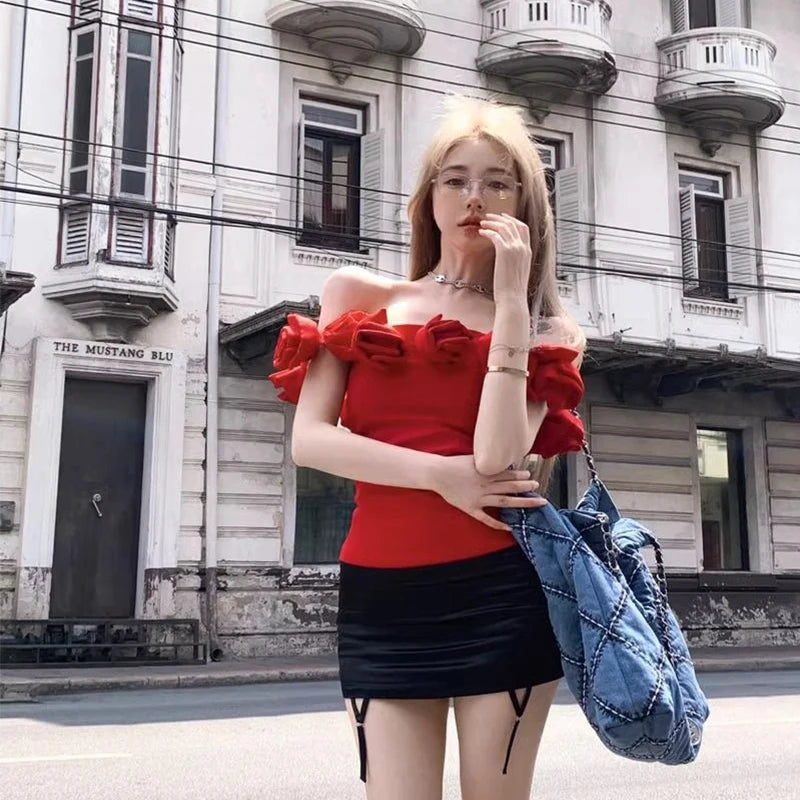 Women's Off Shoulder Flower Design Blouse, Loose Slim Fit Vest, Casual Clothes, Elegant, Leisure, Sexy, New, Fashion