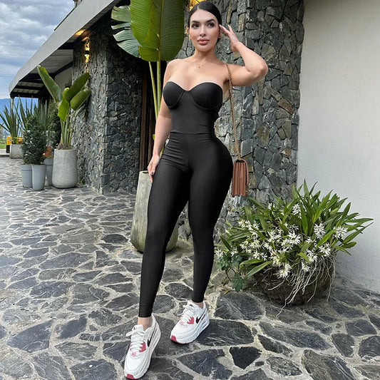 Autumn And Winter New Women'S Solid Color Strapless Slim Sexy Big Backless Sleeveless Pencil Jumpsuit Elegant Lady