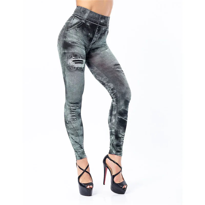 Women Imitation Jeans Stretch Leggings Fashion Sexy Slim Push Up Lady Gym Leggings Causal Simple High Waist Streetwear Leggings