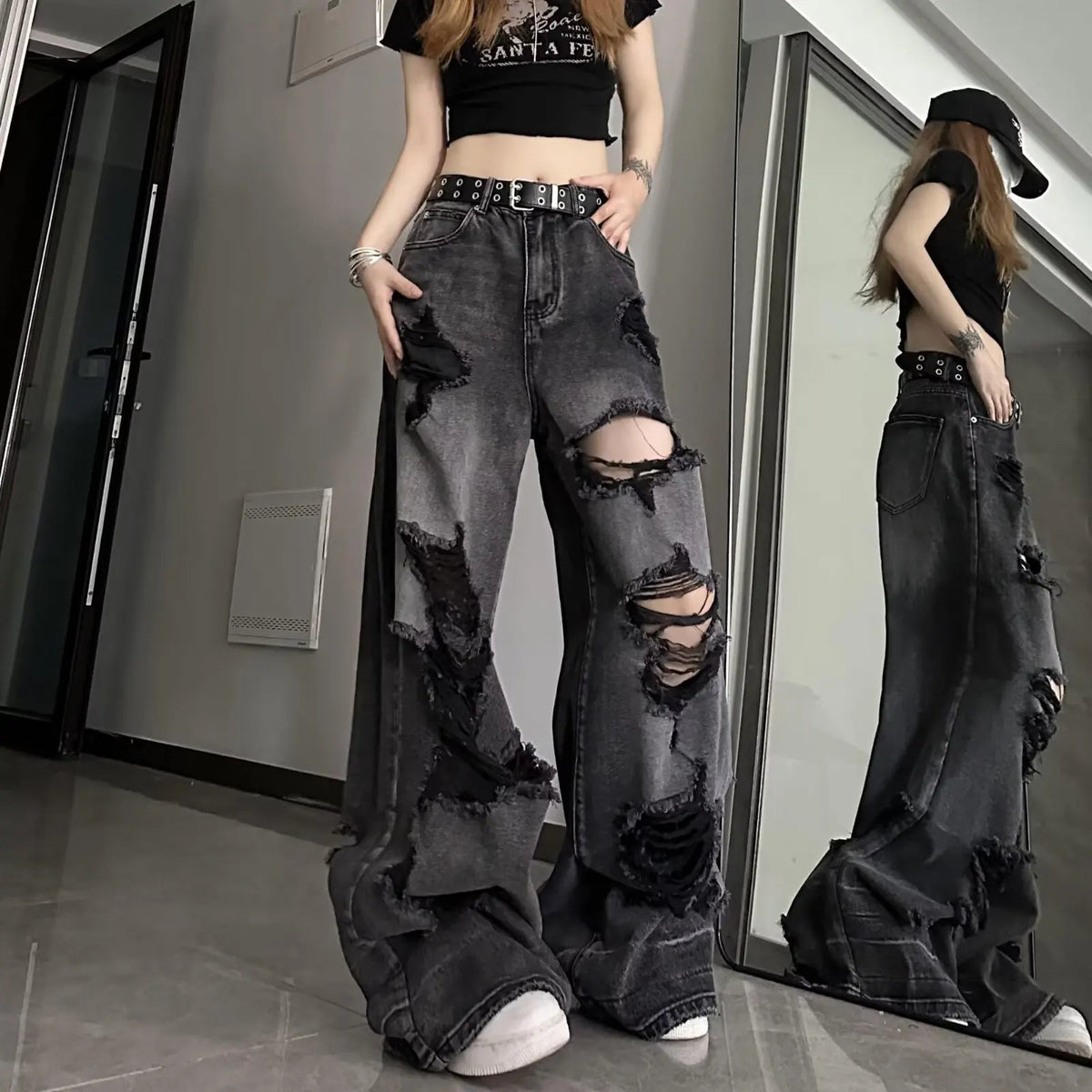 Unique Cool Ripped Jeans Women's Summer Distressed American Style Bell Bottoms Loose Fit Versatile Straight Leg Long Pants