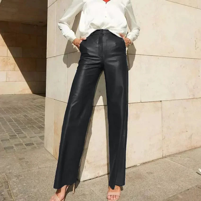 Elegant Women's Pants New Autumn Fashion PU Leather High Waist Hip Lifting Straight Leg Casual Y2k Trousers for Female