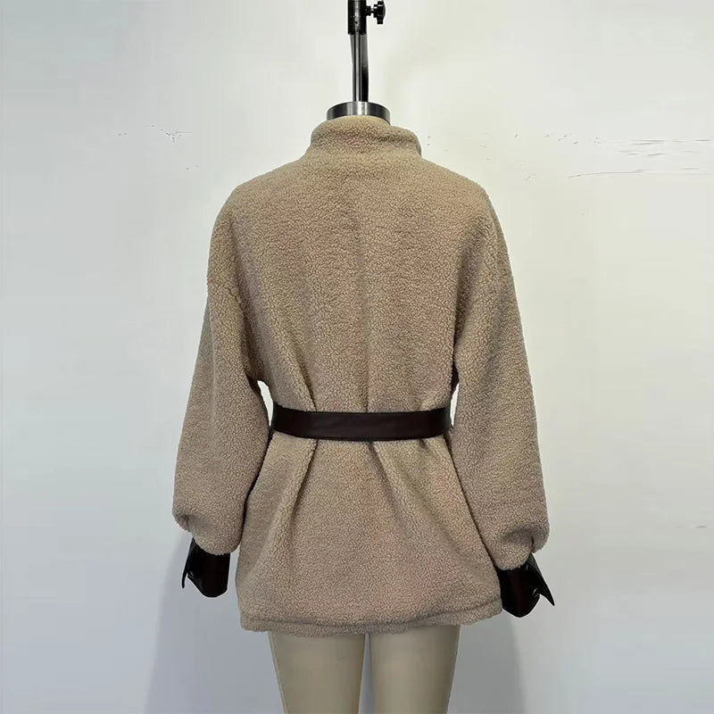 Women's Casual Long Sleeve Pocket PU Leather Coat Elegant Thickened Lamb Solid Jackets Fashion Lapel Button Patchwork Outercoat