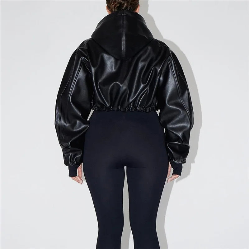 Black Hooded Cool Leather Jacket Spring Autumn Korean Loose-Fit Slim Short Zipper Motorcycle Jacket