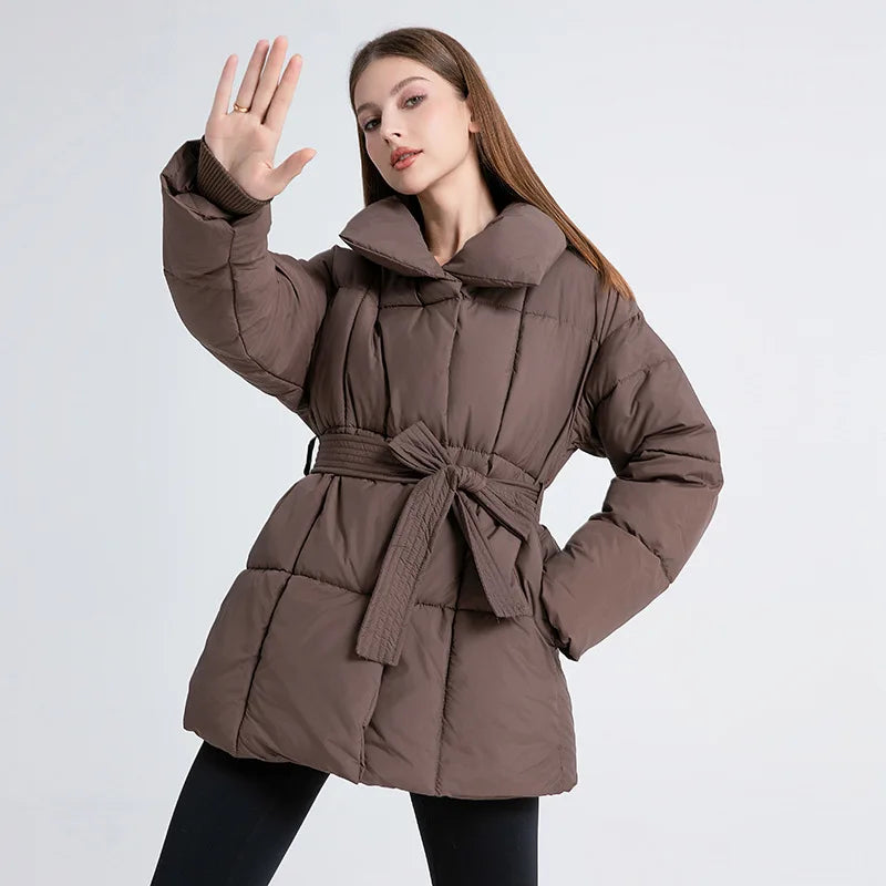 Women's Winter Parka Jacket Solid Color Stand Collar Button Pockets Padded Coat For Female Minimalist Casual Lady's Coat