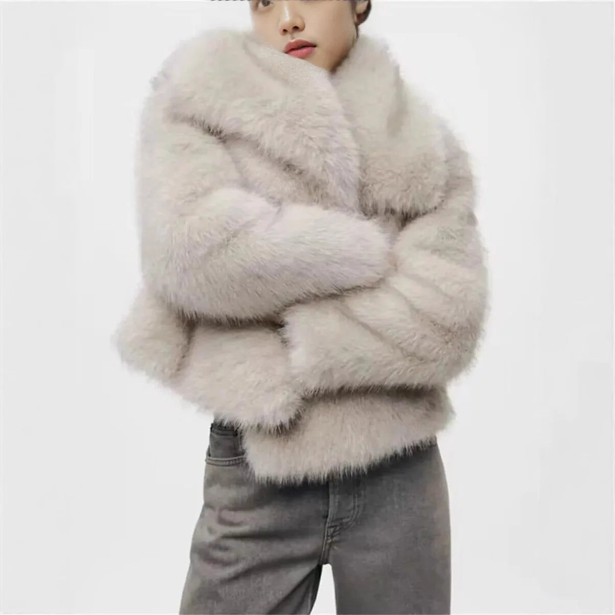 solid color loose fur short coat autumn and winter new item lapel long sleeved warm coat for women