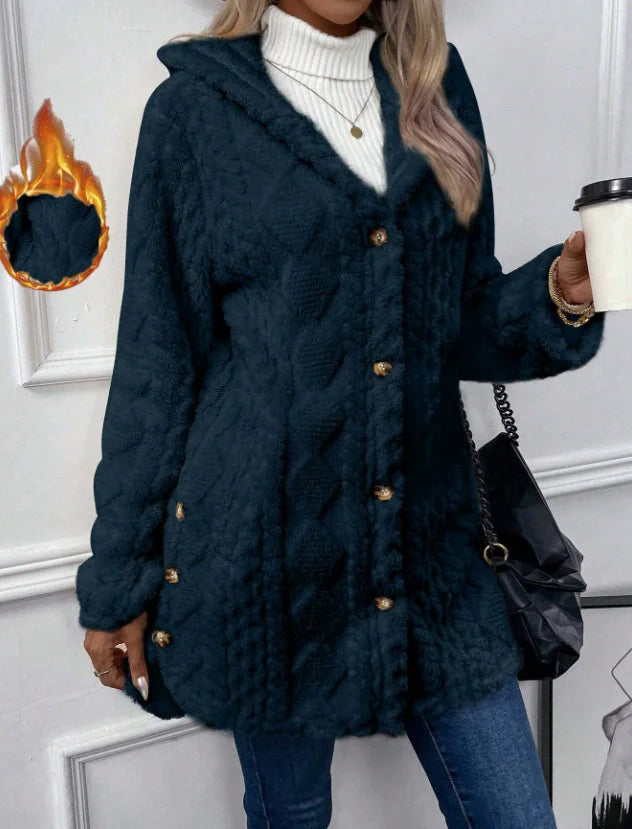 Knit Button Up Hooded Sweater Warm Winter Fall Plain Color Long Sleeve Casual Cardigan With Button