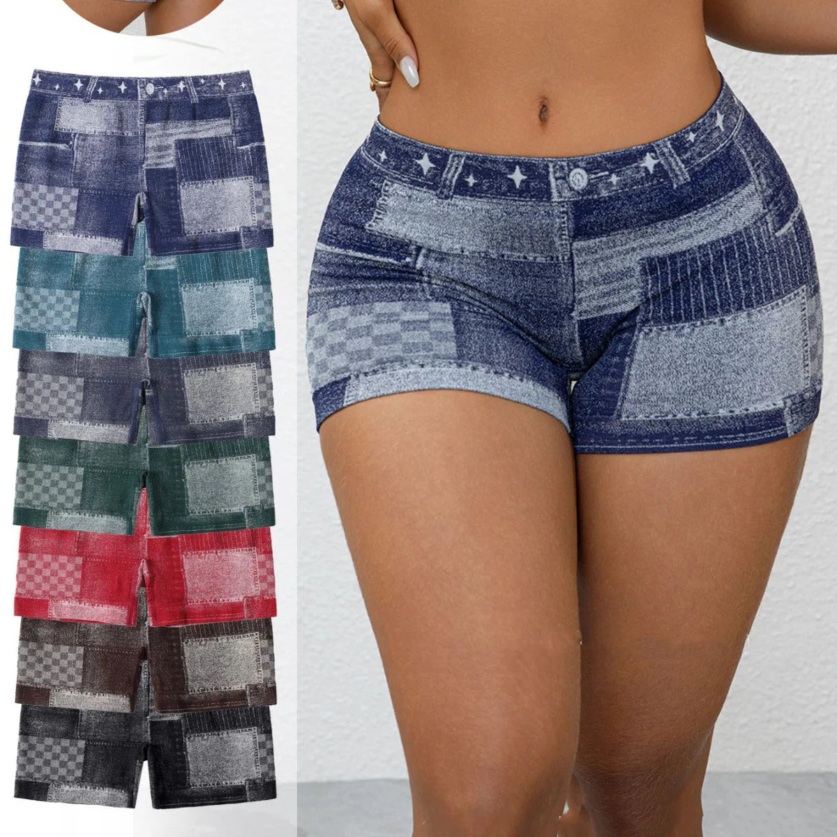 Women Shorts Faux Jeans Elastic Workout Sports Yoga Pants Butt Lifting Leggins Fitness Athletic Short Tights Seamless