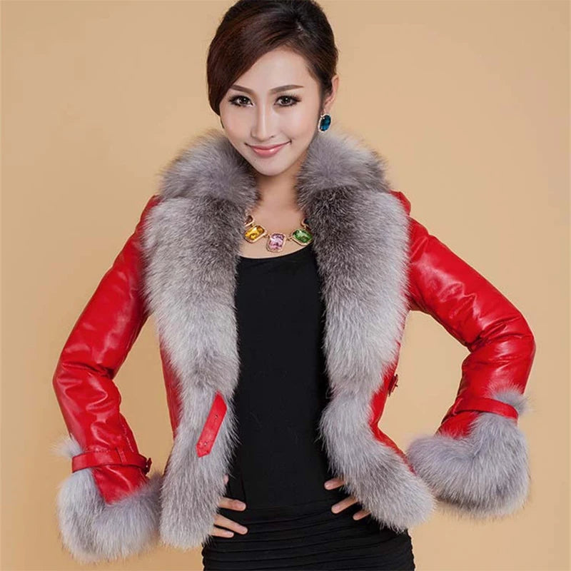 New Winter Leather Jacket Women Coat Faux Fox Fur Collar Short Coat PU Leather Female Jacket Elegant Motorcycle Zipper Outerwear