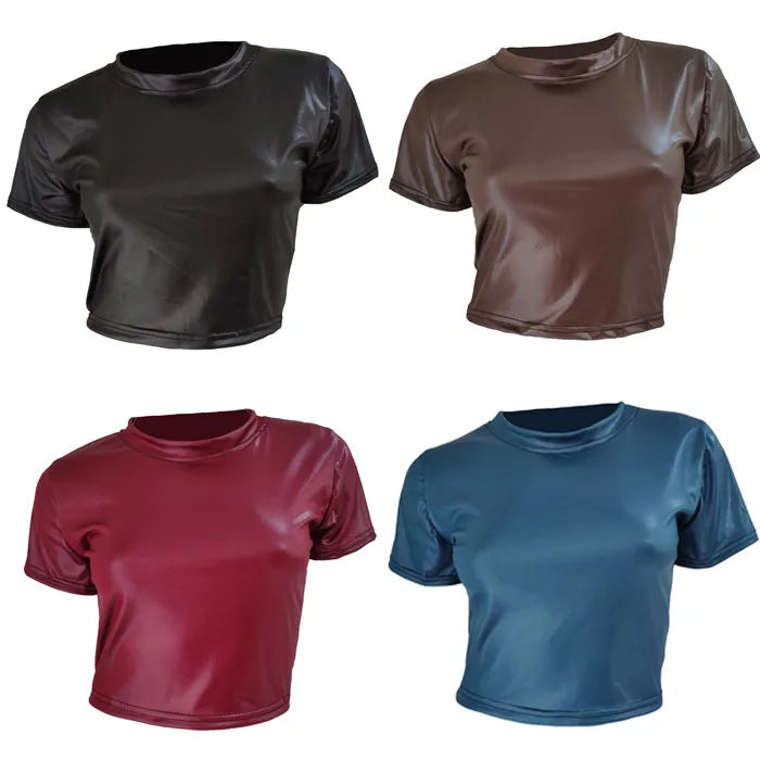 Women Faux Leather T-Shirt Crop Tops Short Sleeve Sexy Punk Midriff Tee Clubwear Women Shirt Women Crop Top