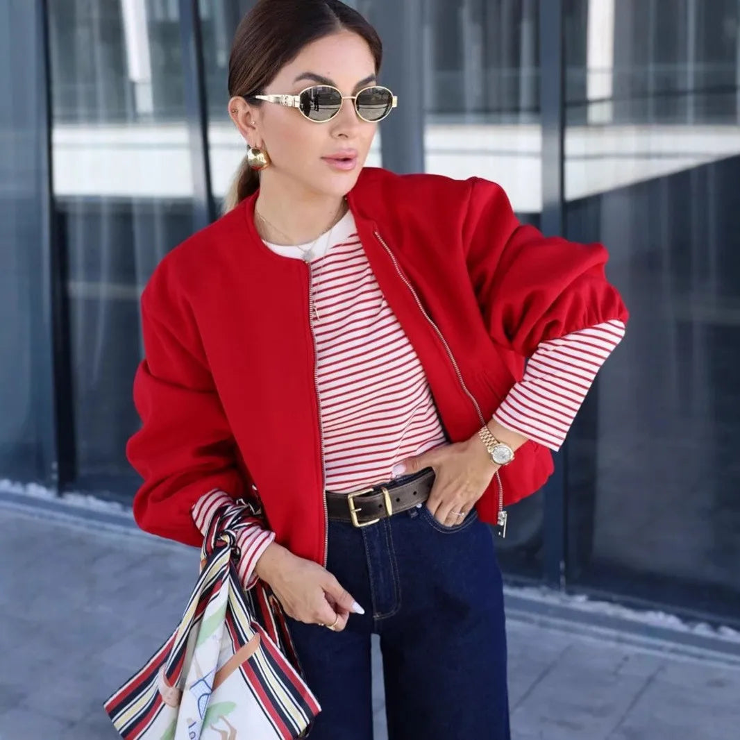 Spring New Women's Multicolor Soft Long Sleeve Simple All-match Round Neck Pilot Jacket Coat Casual Commuter