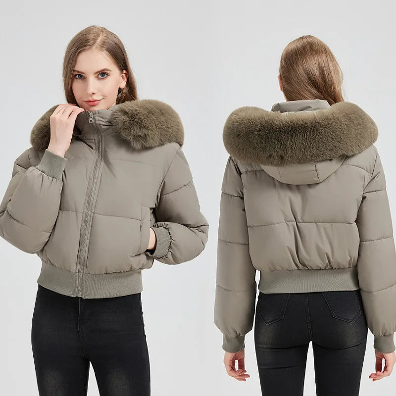 Winter Female's Parka Coat Solid Waist-cinching Faux Fur Trimmed Hood Quilted Jacket For lady Figure-flattering women's Jacket