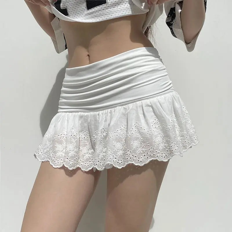 Summer Kawaii White Ruflles Skirt Women Fashion Slim Fit Mini Skirts Giris Y2k All Match Elastic High Waist Black Faldas