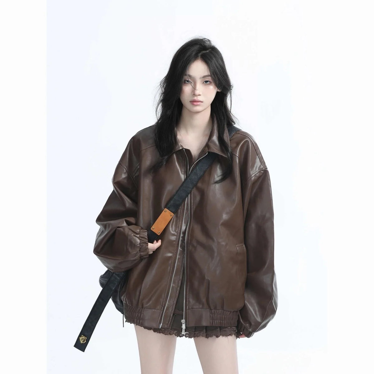 Retro Ladies Fashion Zipper Faux Leather Jacket Spring Autumn Women Long Sleeves Leather Coat Female PU Leather Outwear