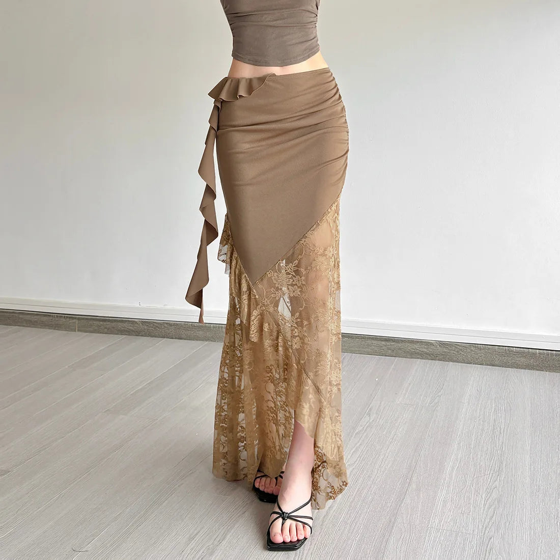 Ruched Ruffle Mesh Maxi Skirt