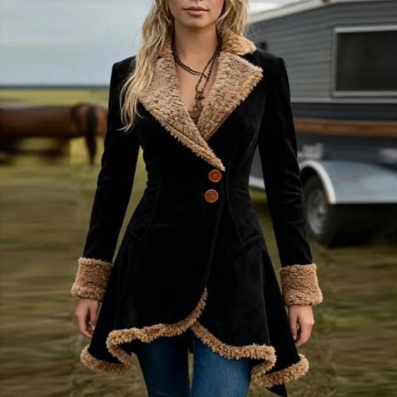 Vintage Women's Coat Brown Western Denim Plush Autumn And Winter Fashionable Warm Coat Outdoor Windproof Slim Fit Windbreaker