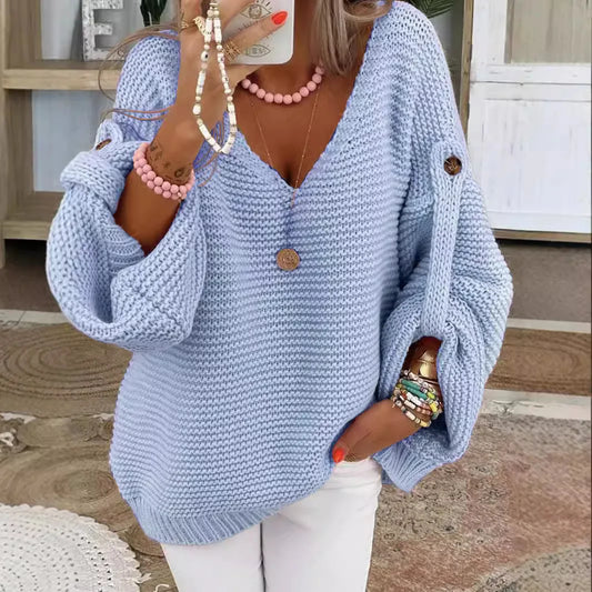 Elegant V-neck Warm Pullover Sweaters Autumn Winter Casual Long Sleeve Button Jumpers Tops Fashion Commuter Loose Women Knitted