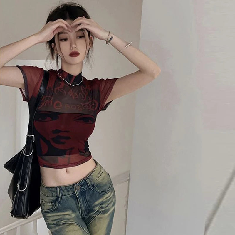 Summer Slim Fit Tees Tops Streetwear Gothic Punk E-girl Harajuku Graphic Print T-shirt emo Women Vintage Crop Top Y2K