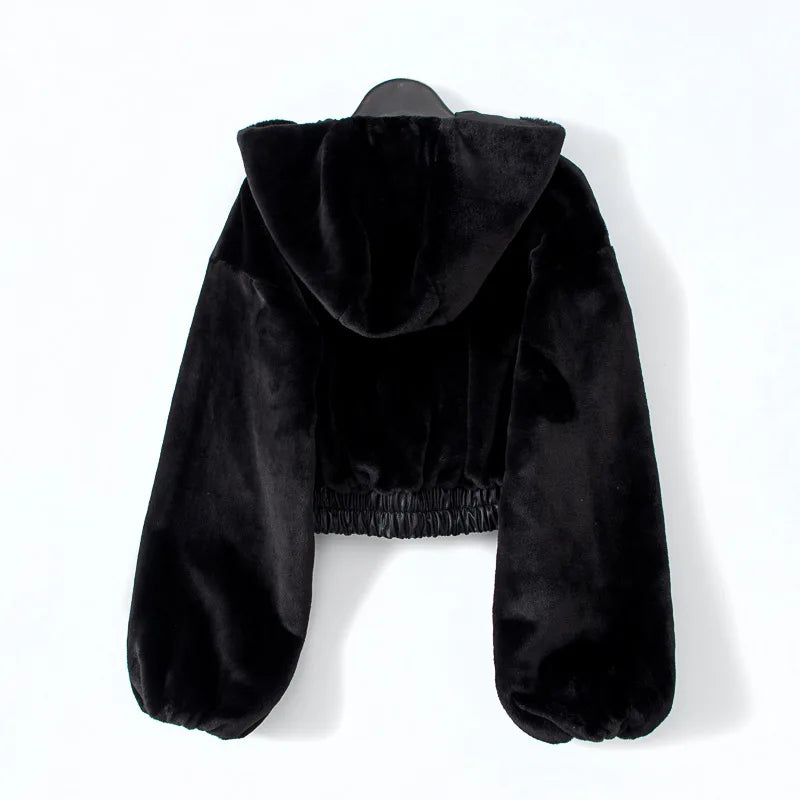 Autumn Winter Long-sleeved Slim-fitting Street Style Short High-waisted Fluffy Hooded Jacket Women's Fashion Textured Top