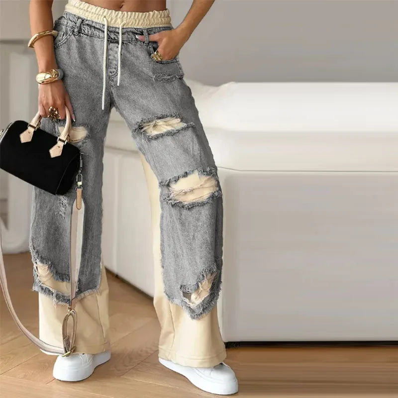 Casual Patchwork Jeans Women Loose Drawstring Low Waist Pockets Zipper Straight Leg Pants Spring Summer Street Lady Trouser