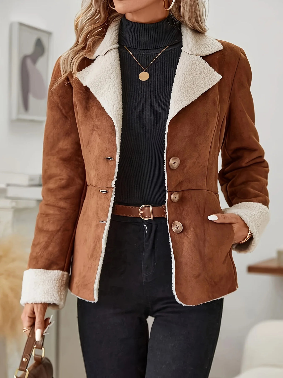 Streetwear Suede Slim Jackets Women Single-Breasted Pockets Long Sleeve Coats Fashion Fall Casual Vintage Elegant Outwears ﻿