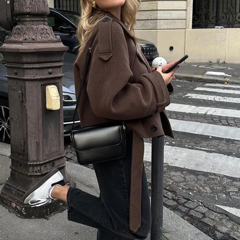 Brown Women Jacket Long Sleeve Lace Up Turn-down Collar Double-Breasted Female Coat Autumn Lady Streetwear New