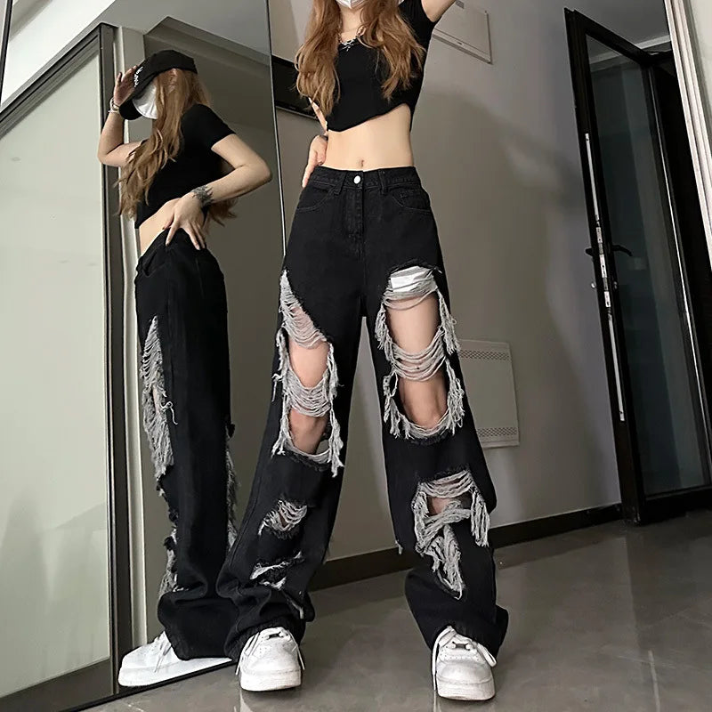 Women Vintage Gothic Black Ripped Jeans High Waist American Retro Streetwear Y2k Pants Harajuku Casual Wide Leg Denim Trousers
