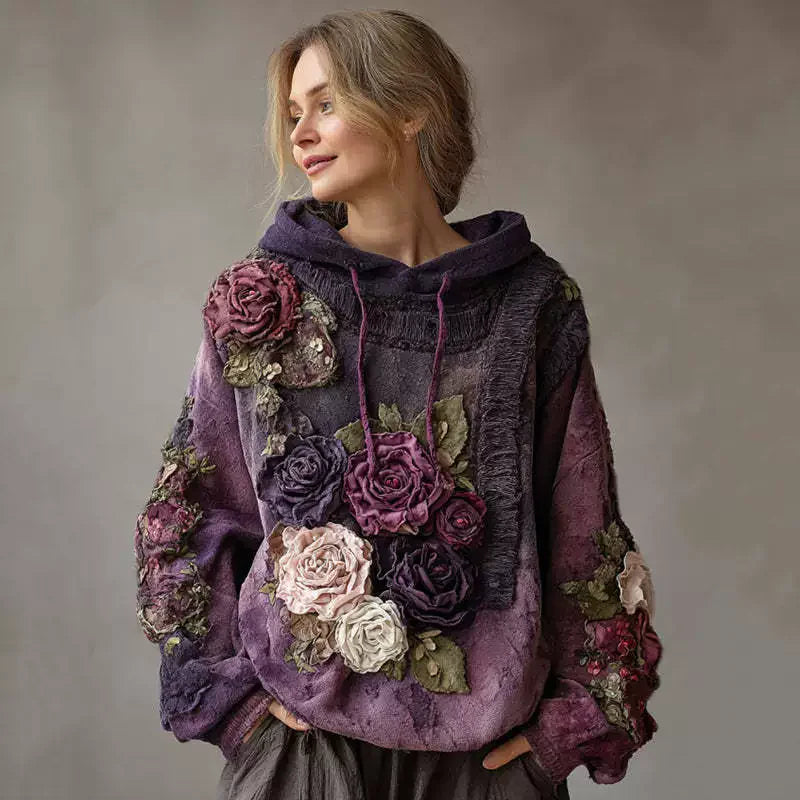 Casual French Flower Hoodie Top Women Autumn Spring Y2K Hoodie Floral Print Hoodie Loose Thin Polo Neck Coat Oversized Top New