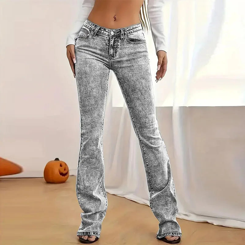 Jeans Women Y2k Jeans Stretch Casual Gray Trousers Slim Fit Flare Pants Versatile Minimalist Long Bottoms Fashion