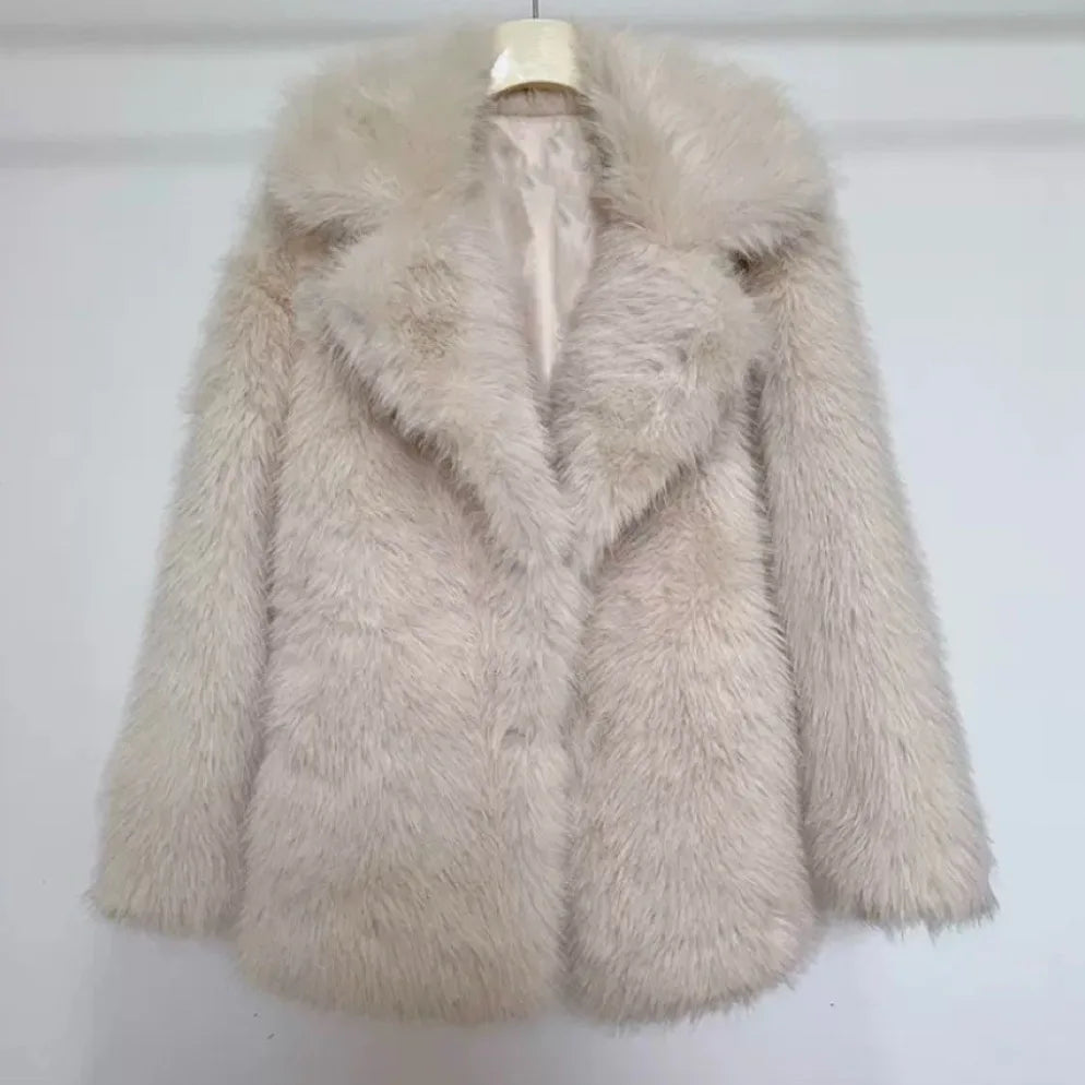 Women Winter White Faux Fur Coat Casual Long Sleeve Short Plush Jacket Lady Thick Fake Fur Warm Fluffy Outwear