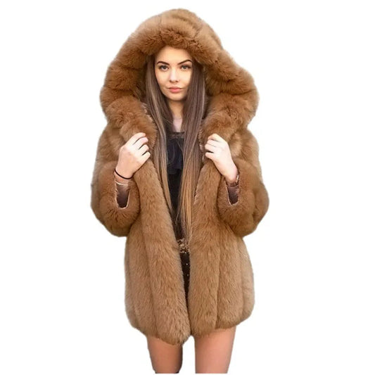 Faux Fur Coat Women Hooded Winter Casual Teddy Coat Autumn Pockets Fur Jacket Fleece Fluffy Overcoat Outwear
