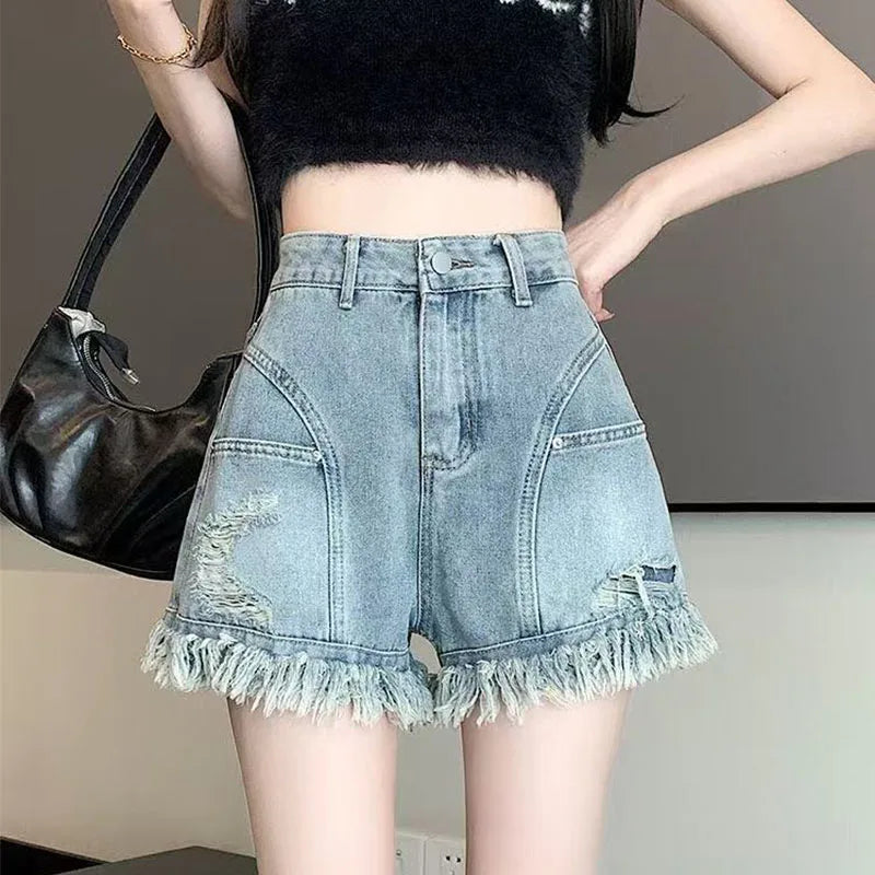 Women's High Waist Fringe Denim Shorts A-line Loose Casual Summer Hot Pants