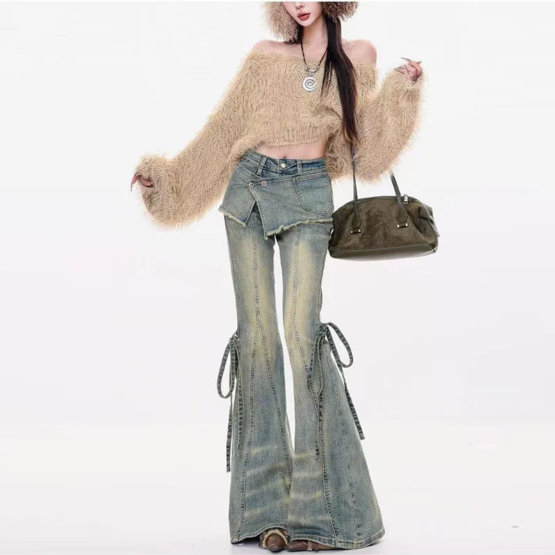 Vintage Flare Jeans Women Y2k Harajuku Patchwork Bandage Denim Pants Streetwear Grunge High Waist Casual Design Trousers