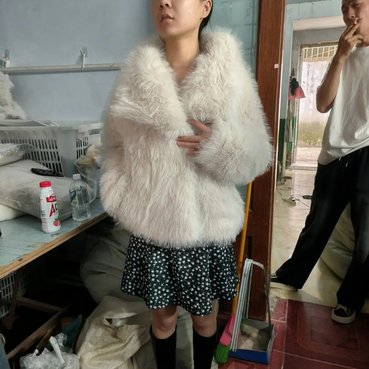solid color loose fur short coat autumn and winter new item lapel long sleeved warm coat for women