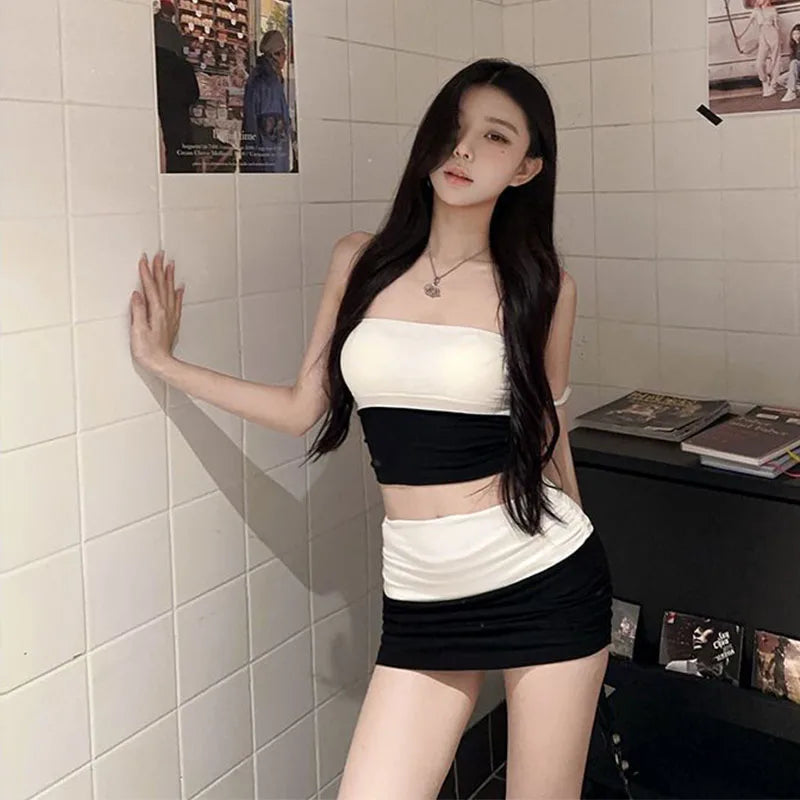 Pure Desire Slimming Short Crop Top + High Waist Versatile Mini Skirt Set Women's Polyester Fiber Fashionable Body S