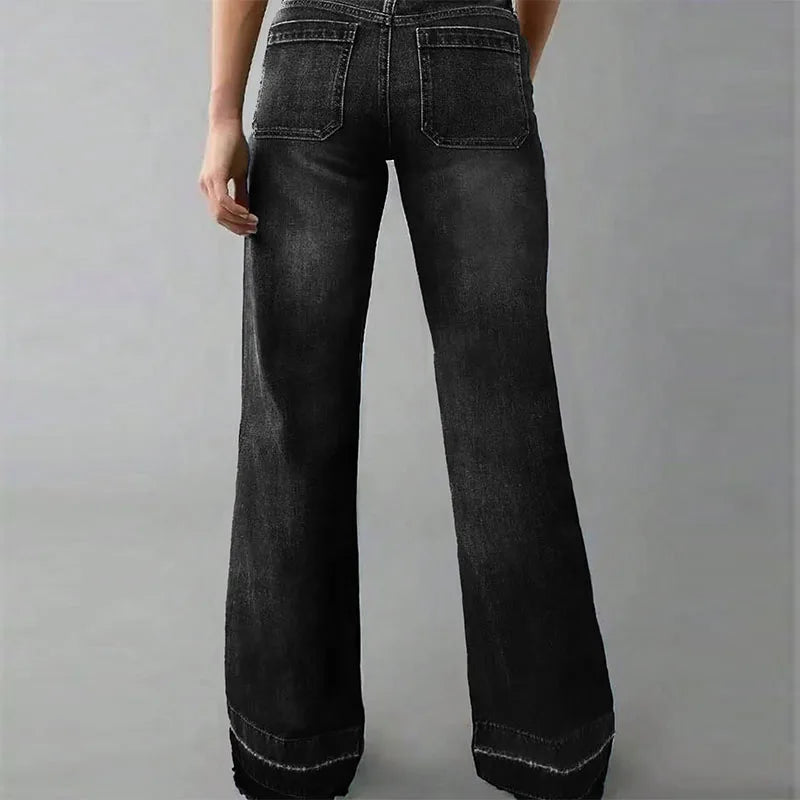 Women Casual Plus Size Wide Leg Jeans High Waist Button Washing Vintage Denim Trousers Pants Harajuku Pockets Autumn Jeans