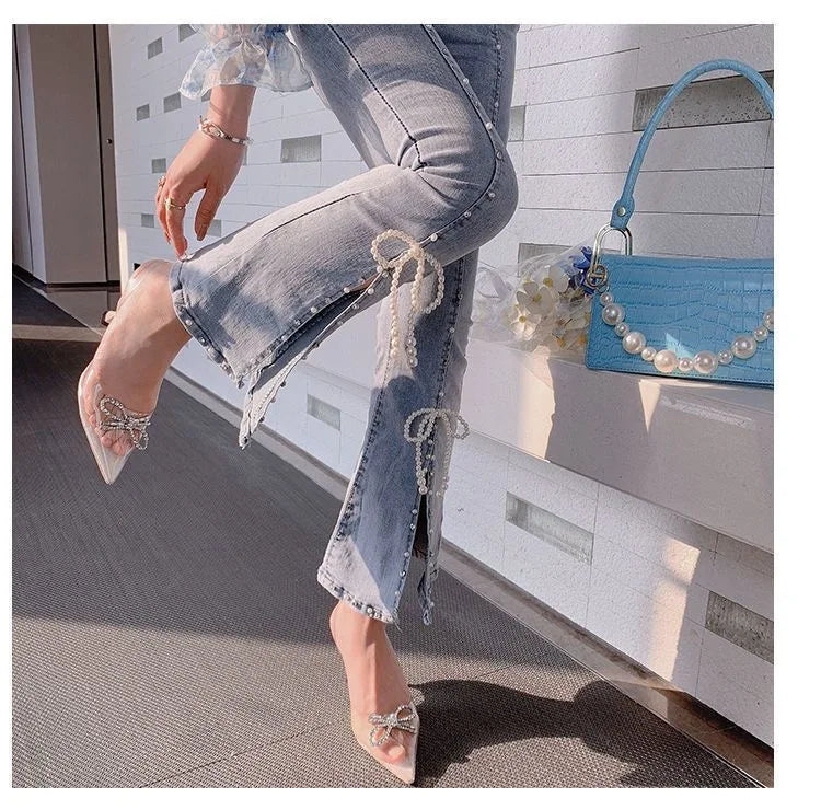 Chic and Elegant Stretch With Slits Trousers Y2k Luxury Designer Women's Cropped Flare Jeans High Waist Shot Female Cowboy Pants